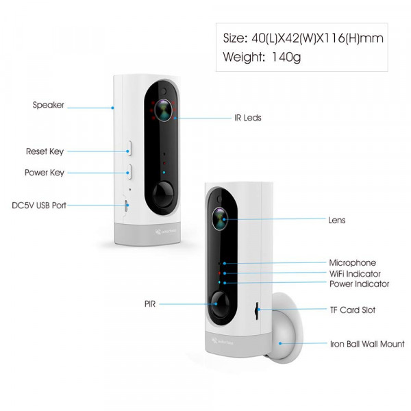 Adorbee A1 Rechargeable Battery Wireless Security Cameras 720P, 100% Wire Free, 2-Way Audio Night Vision w/PIR Motion Sensor & SD Socket