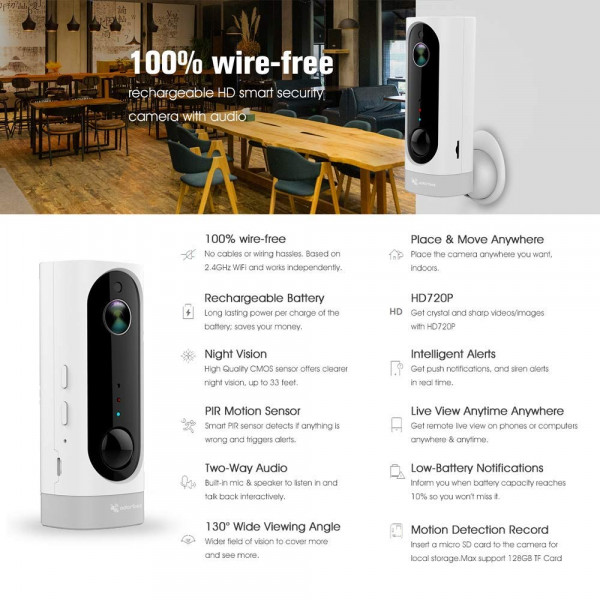 Adorbee A1 Rechargeable Battery Wireless Security Cameras 720P, 100% Wire Free, 2-Way Audio Night Vision w/PIR Motion Sensor & SD Socket