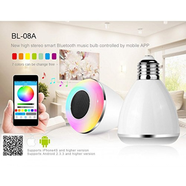 Farsler BL08A Wireless Bluetooth 4.0 Speaker Smart LED Light bulb Smartphone Controlled Dimmable Multicolored Color Changing Lights Works with iPhone Android Phone and Tablet 