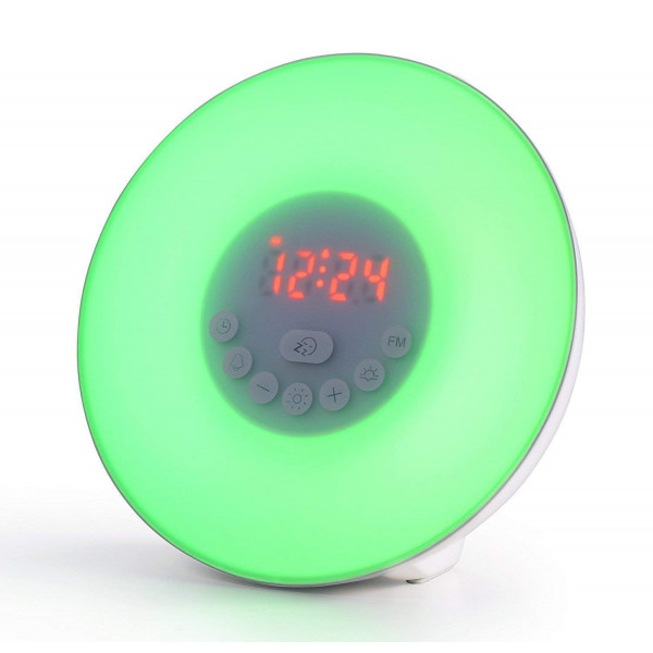 YaPeach Sunrise Simulation Wake-up Light, 5 Sounds Alarm Clock 3 Colors Atmosphere Lamp 3-Brightness Bedside Light with FM Radio for Procrastinator Environmentalist Nature Lover